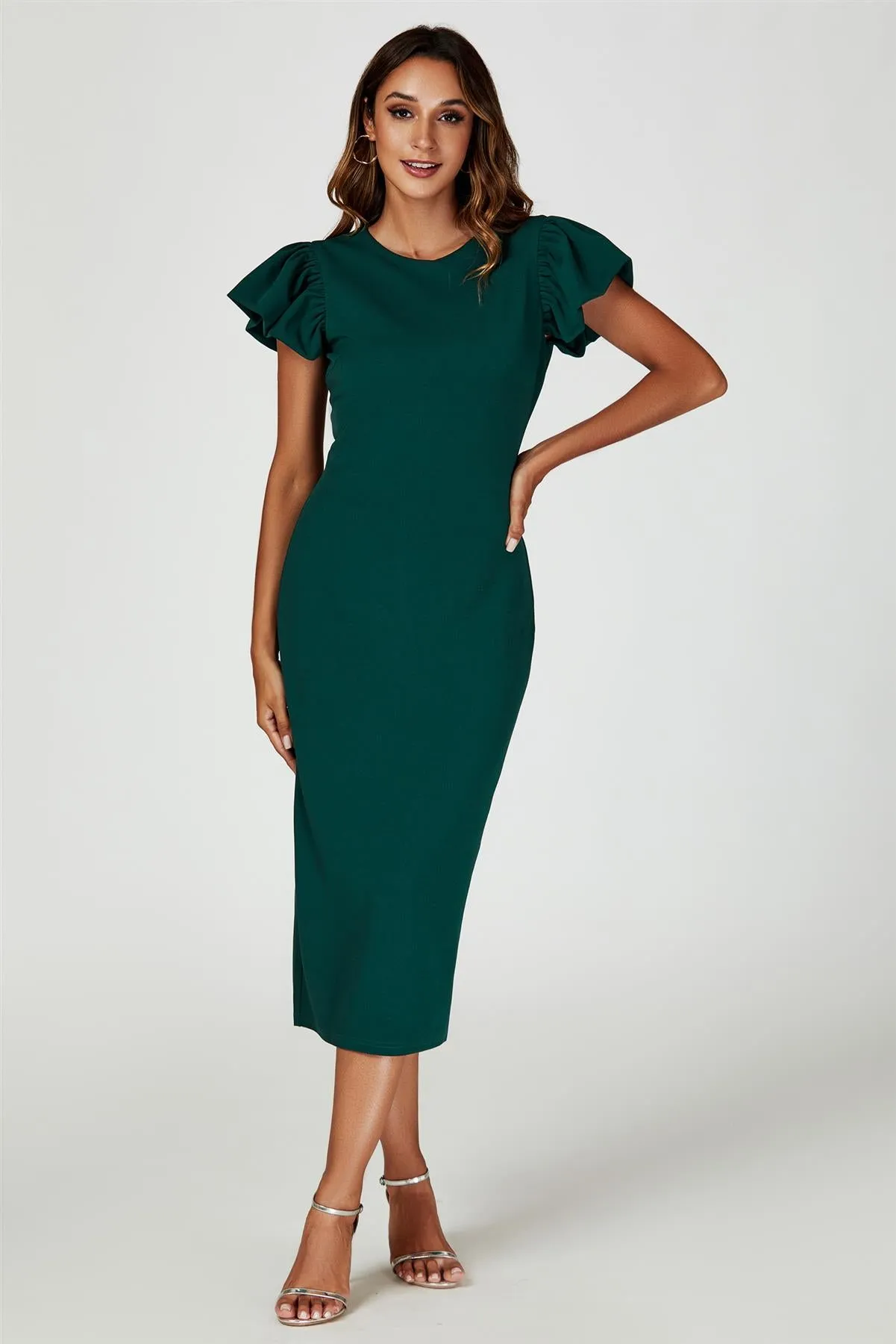 Volume Sleeve Bodycon Midi Dress In Green