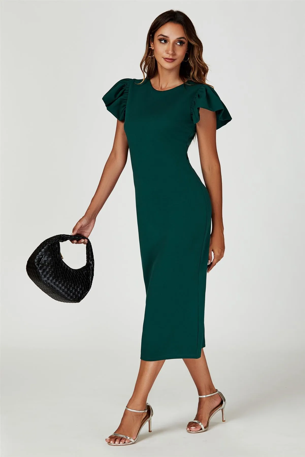 Volume Sleeve Bodycon Midi Dress In Green