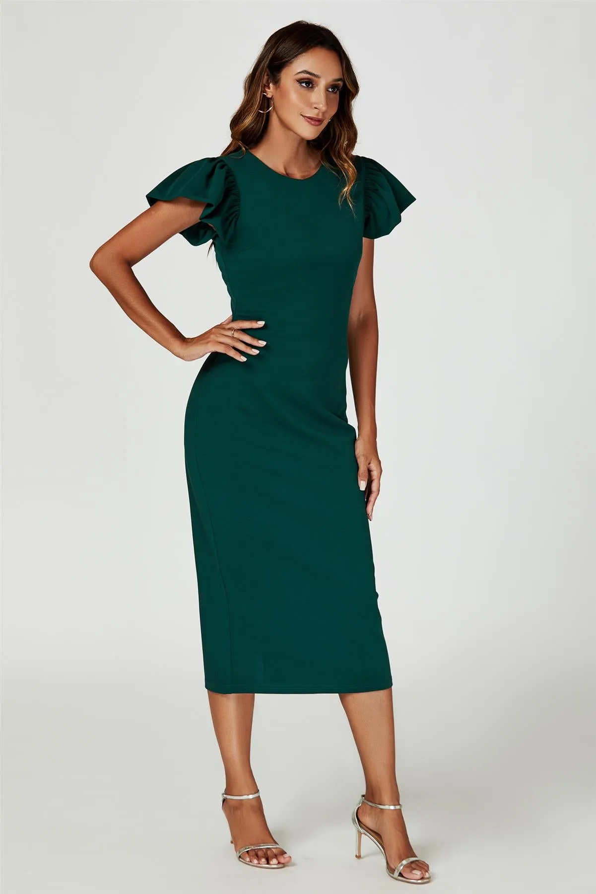 Volume Sleeve Bodycon Midi Dress In Green