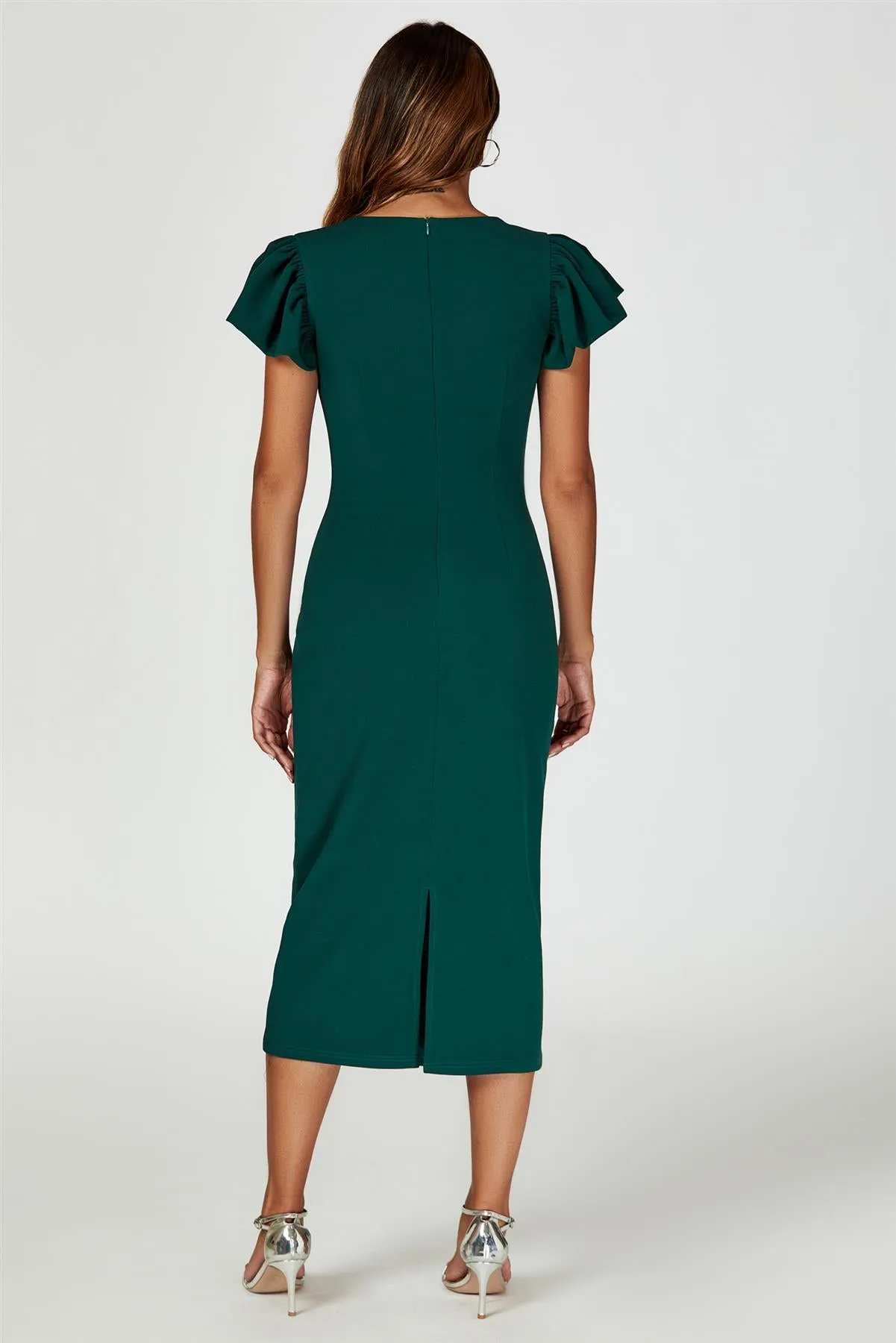 Volume Sleeve Bodycon Midi Dress In Green