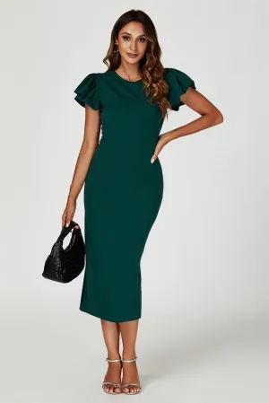 Volume Sleeve Bodycon Midi Dress In Green