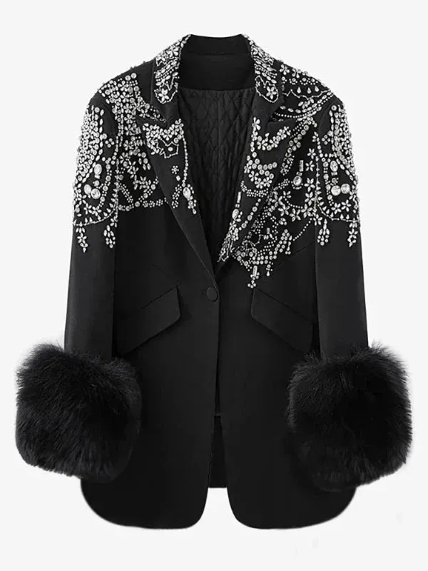 Wenkouban-Winter outfits Christmas Fashion Fur Sleeve Shimmer Rhinestone Blazer Coat