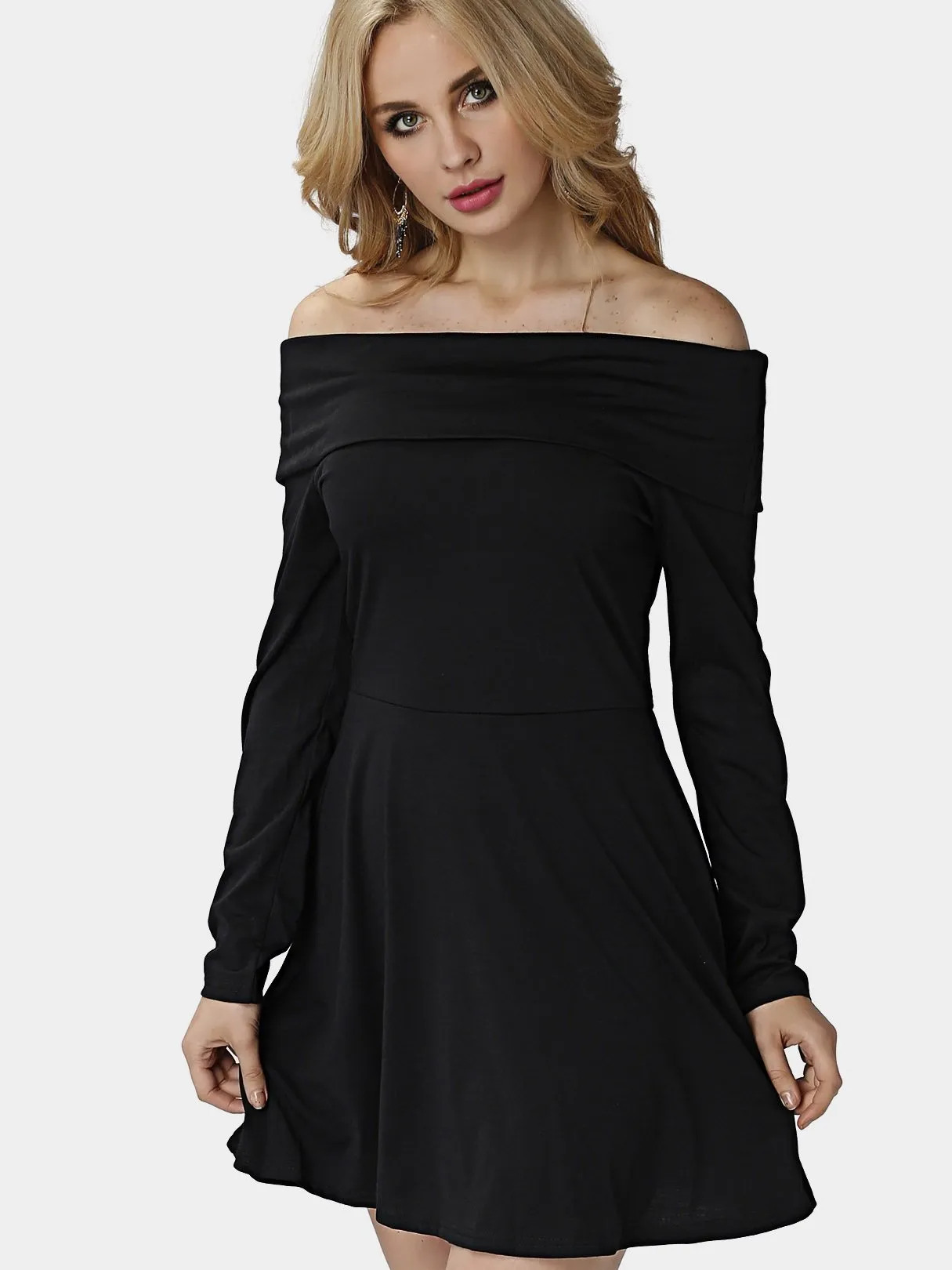 Wholesale Black Bateau Off The Shoulder Long Sleeve Dresses