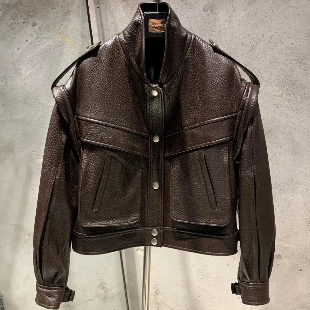 Women's Utilitarian Grained Leather Jacket